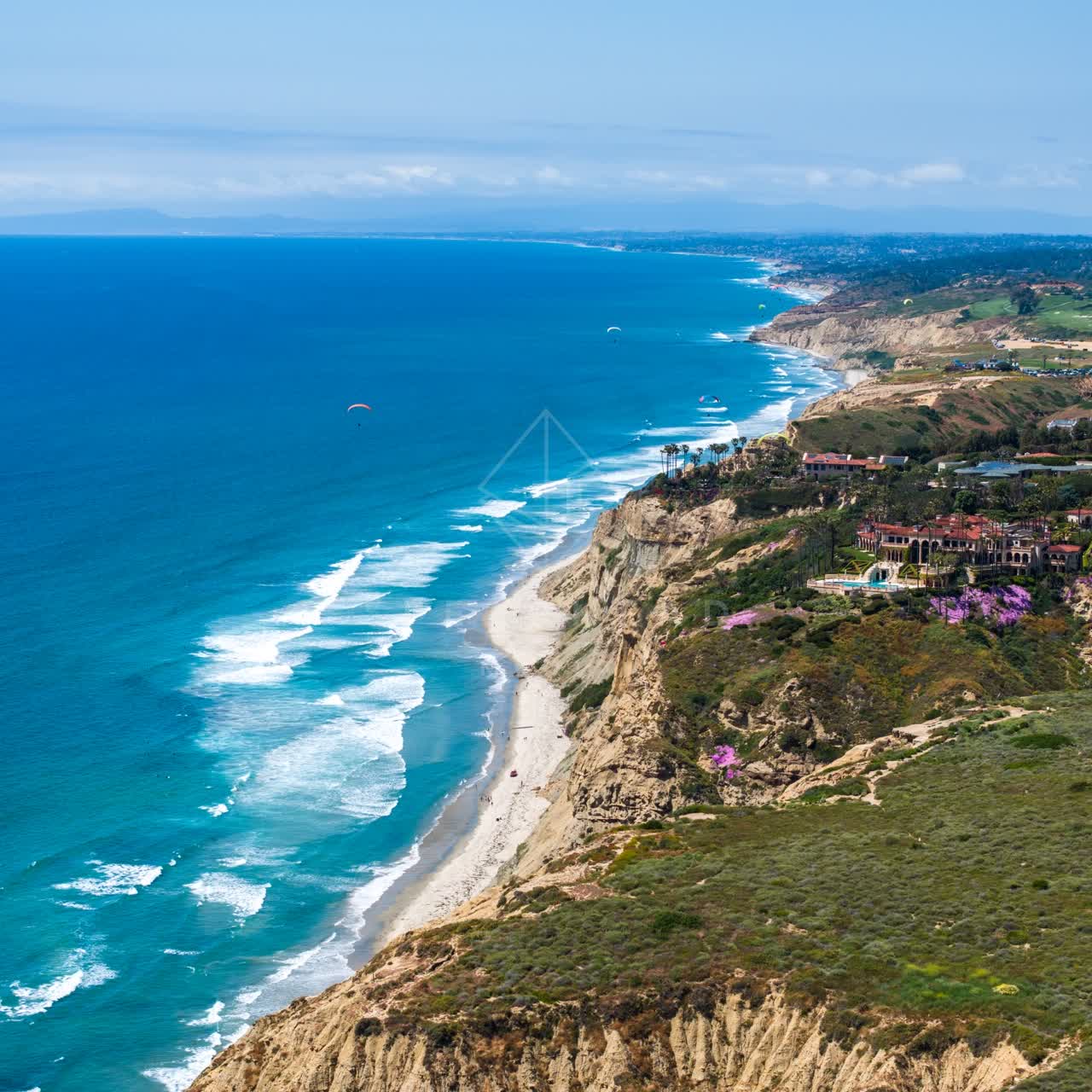 Aerial view of the cliffs, the surf and palm trees at Black’s Beach, with people walking.