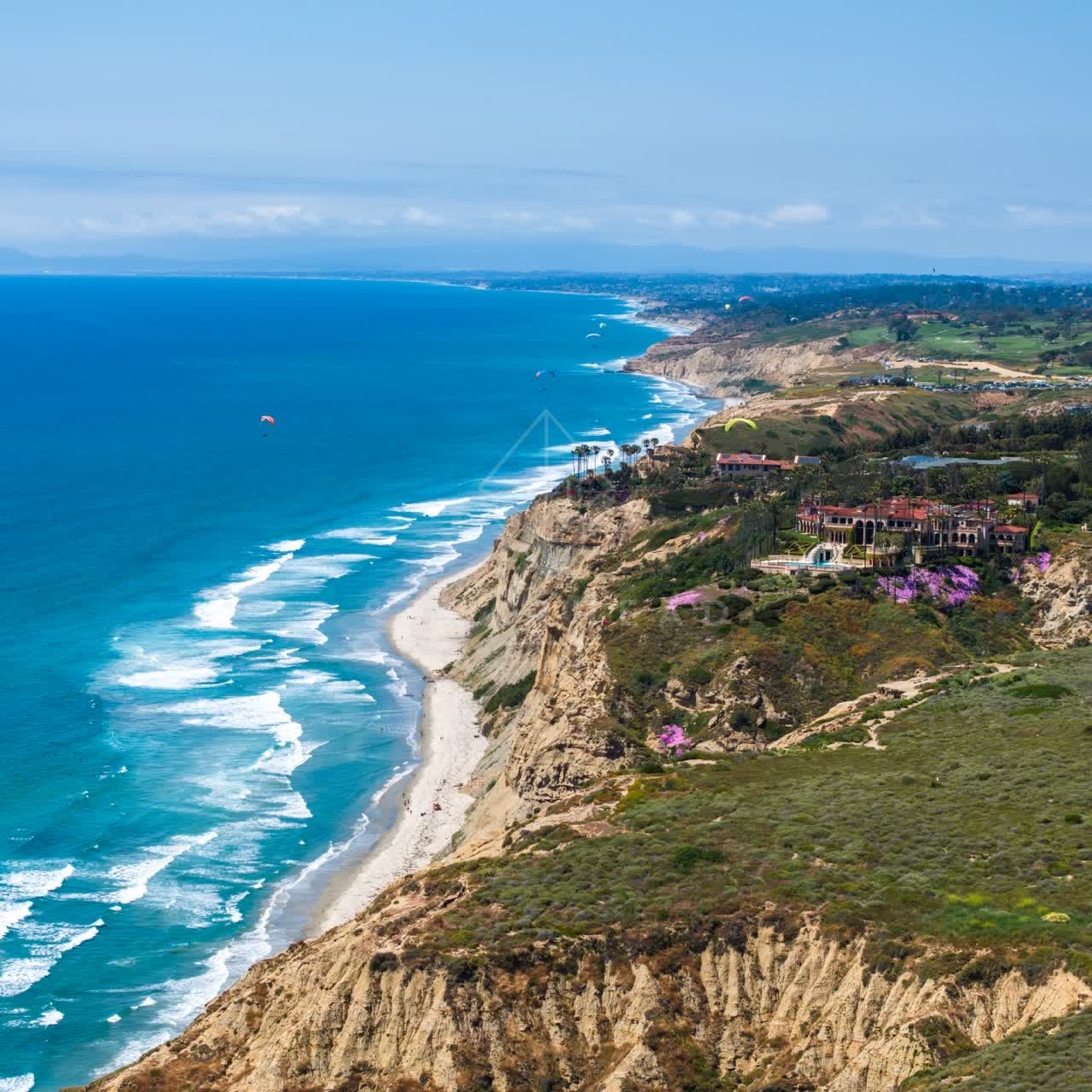 Aerial view of the cliffs, the surf and palm trees at Black’s Beach.