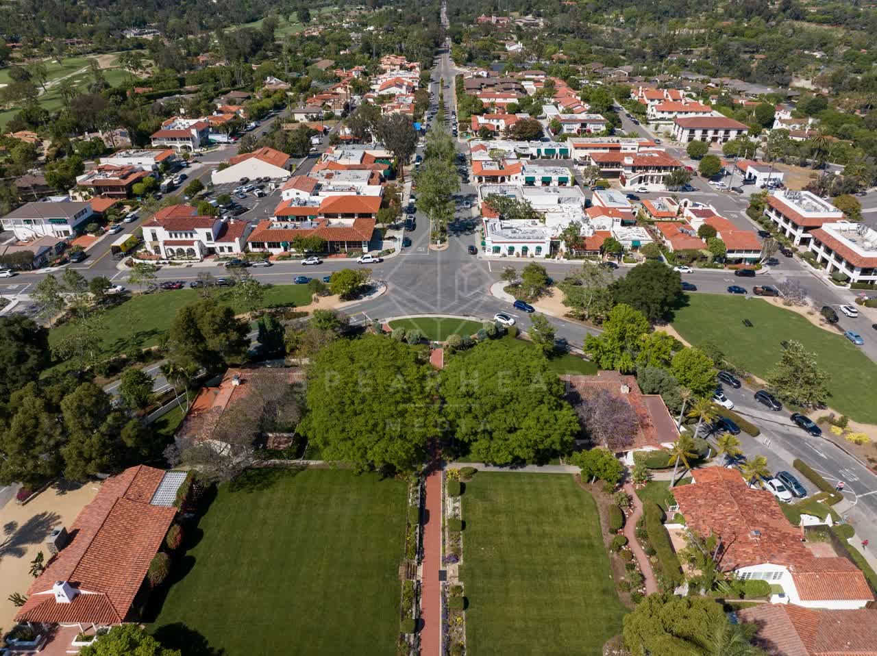 Aerial view of a residential street, homes and the buildings at Covenant.