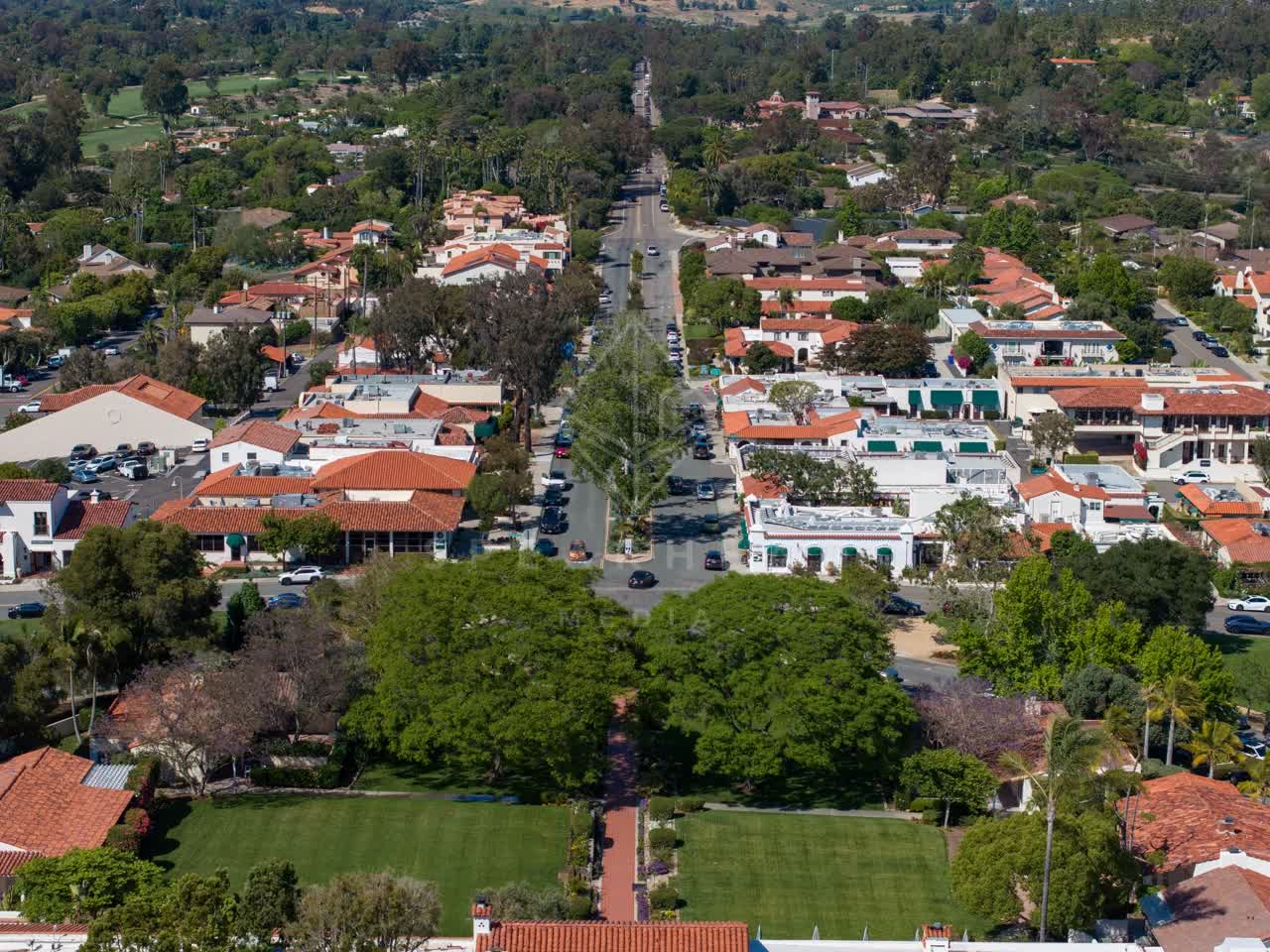 Aerial view of the downtown streets, homes and the buildings at Covenant.