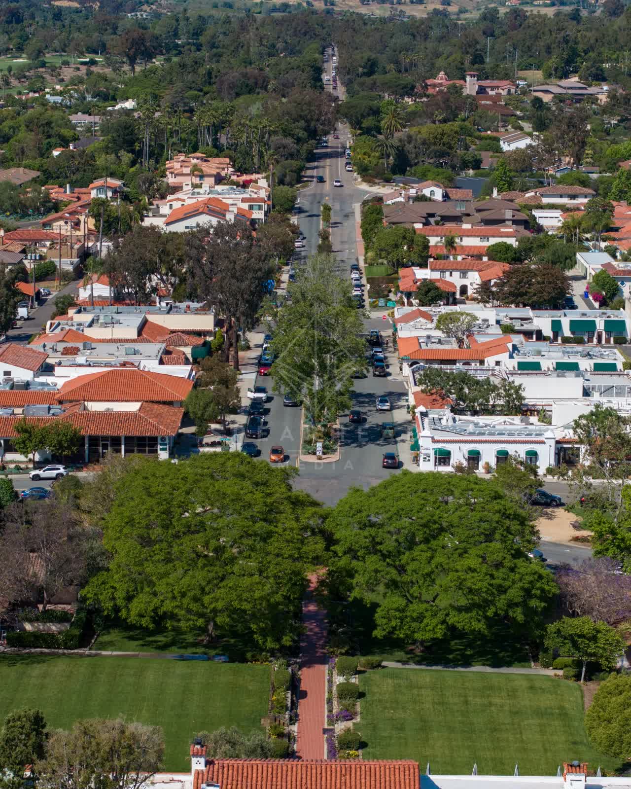 Aerial view of a residential street, homes and the buildings at Covenant.