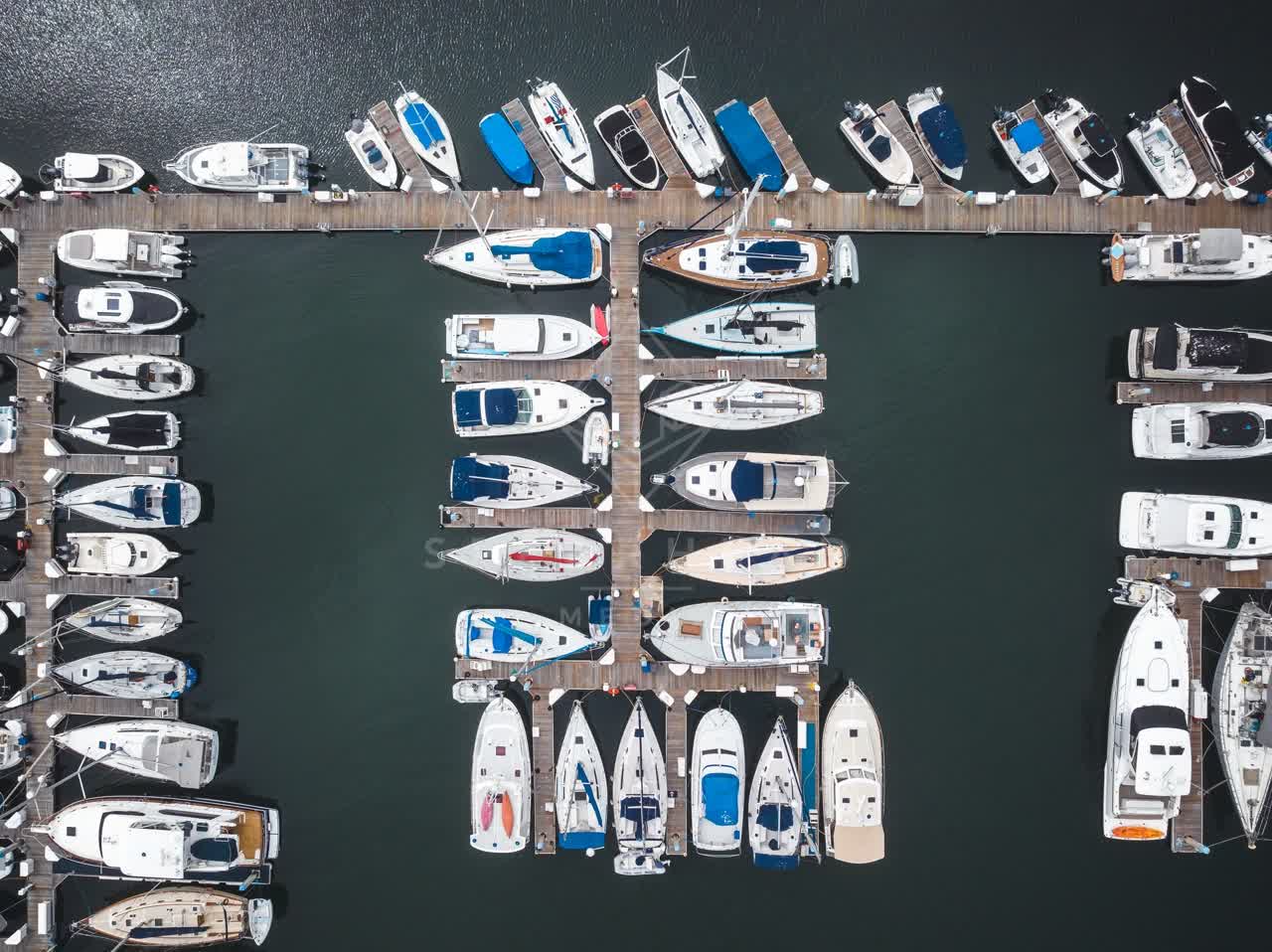 Aerial view of the harbor, boats and the bay at Coronado Beach.