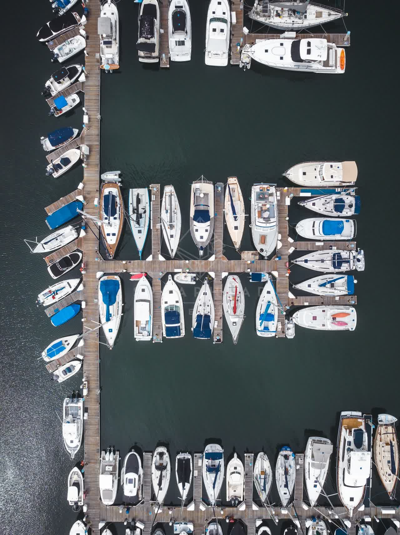Aerial view of the harbor, boats and the bay at Coronado Beach.
