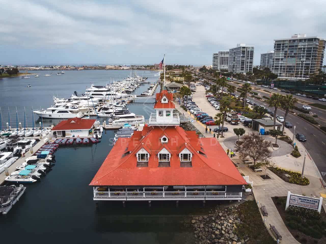 Aerial view of the harbor, boats and palm trees at Coronado Beach.