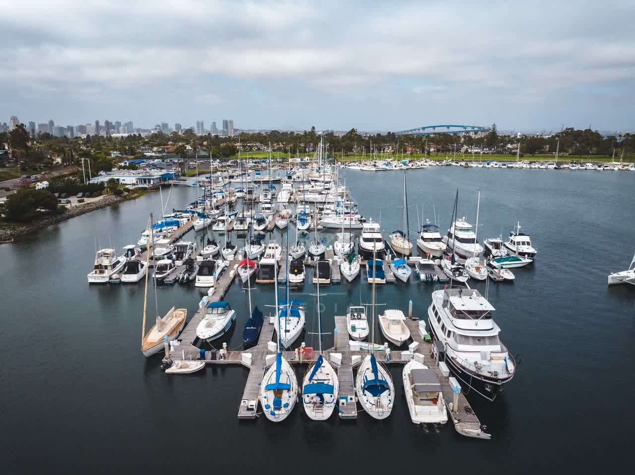 Aerial view of the harbor, the bridge and the skyline at Coronado Beach.