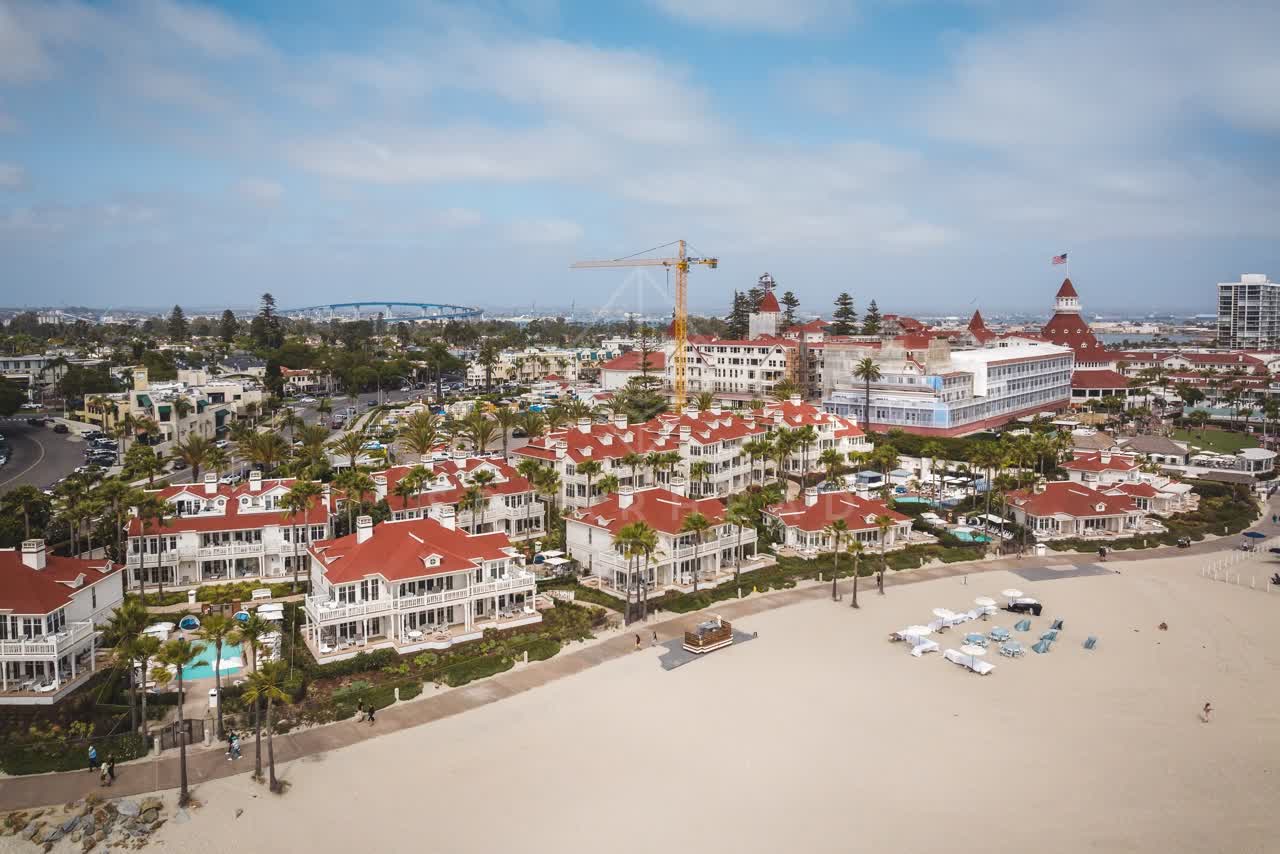 Aerial view of the beach, palm trees and the ocean at Coronado Beach.