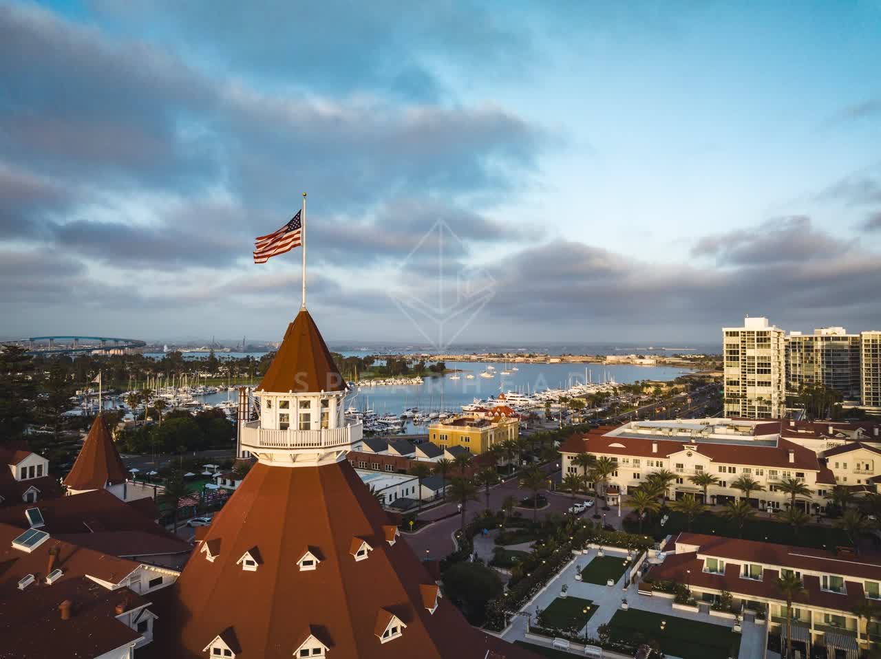 Aerial view of the harbor, boats and palm trees at Coronado Beach.