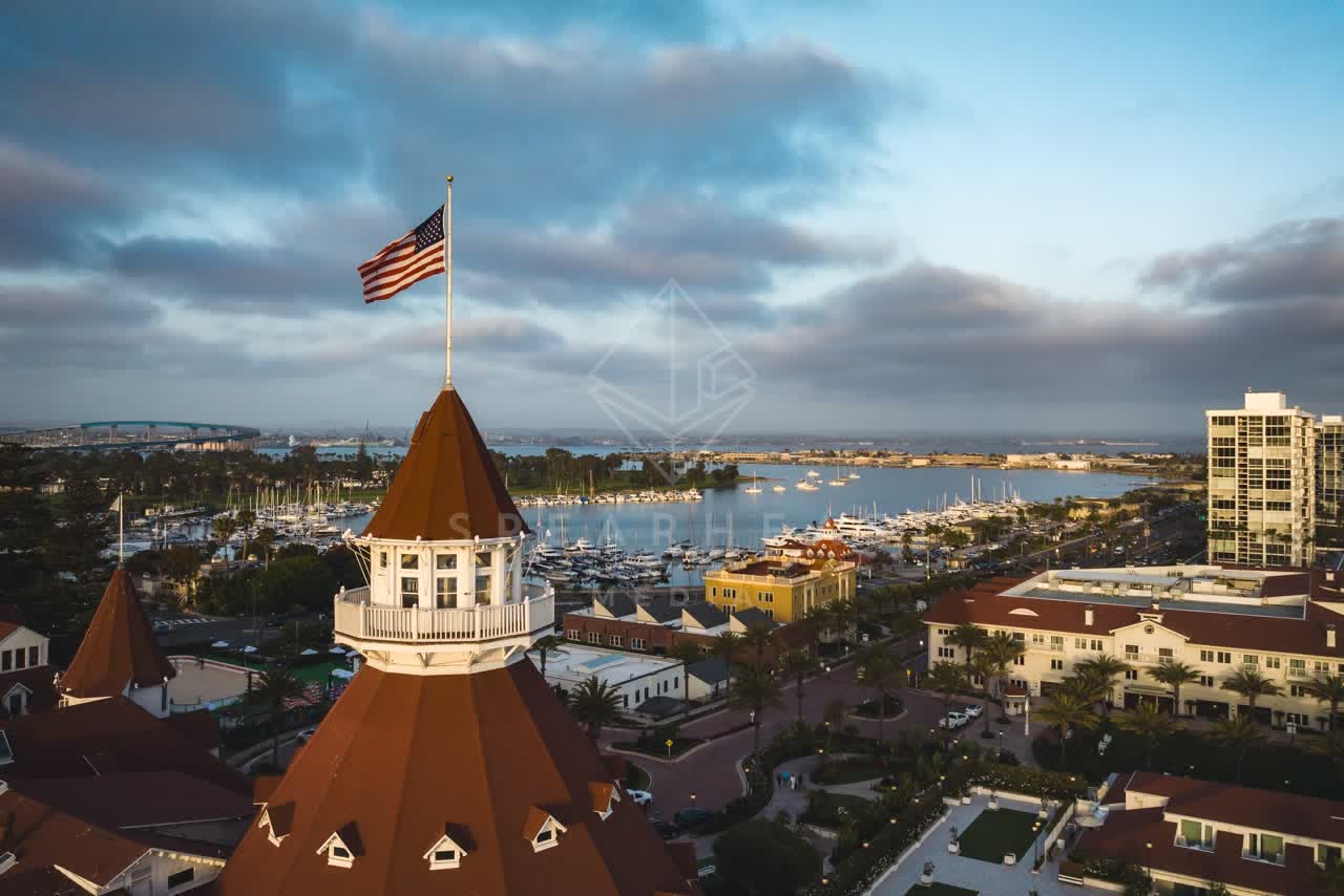 Low aerial view of the harbor, boats and palm trees at Coronado Beach.