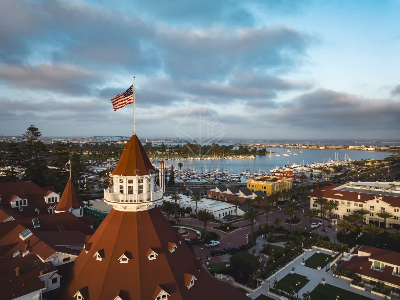 Low aerial view of the harbor, boats and palm trees at Coronado Beach.
