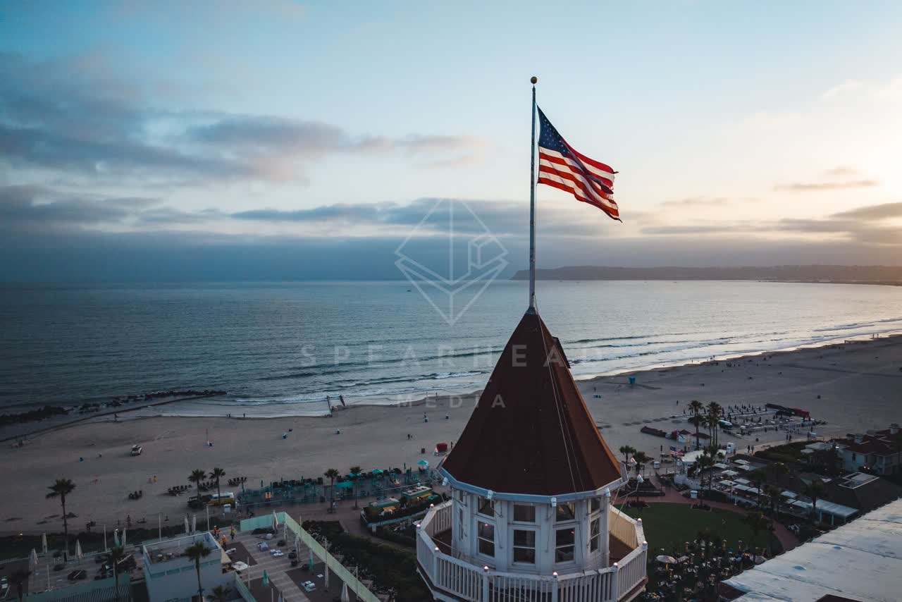 Aerial view of the beach, palm trees and the ocean at Coronado Beach.