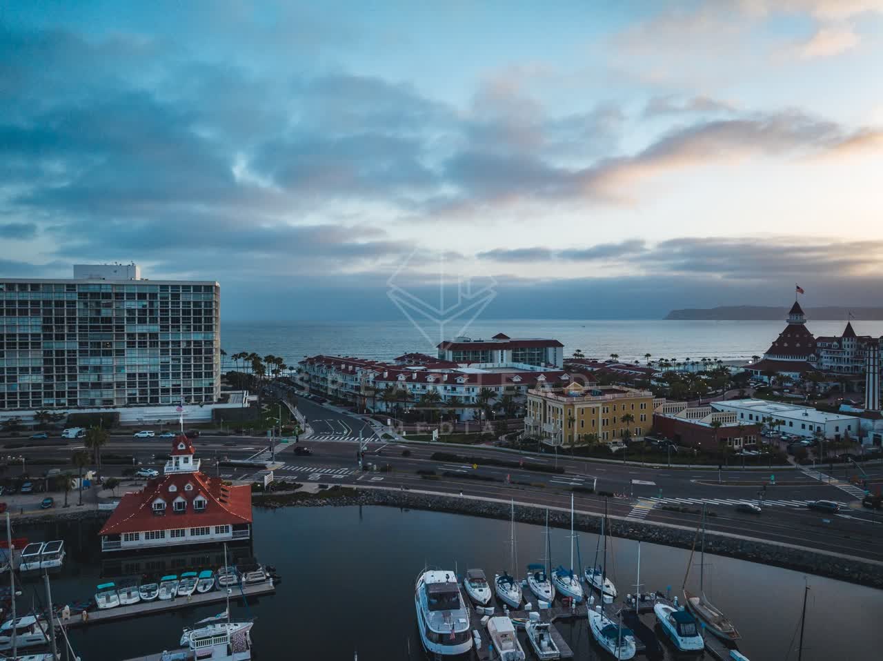 Aerial view of the harbor, boats and palm trees at Coronado Beach.