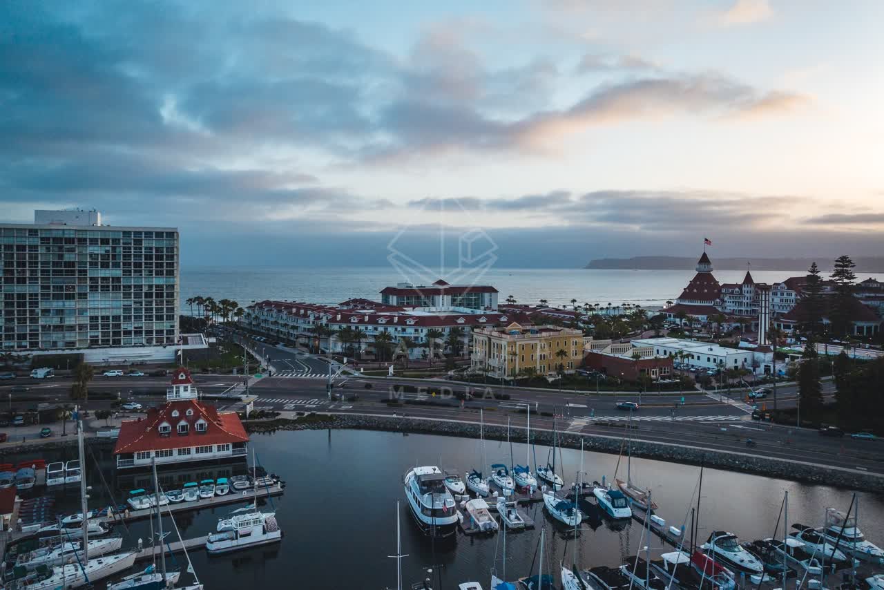 Aerial view of the harbor, boats and palm trees at Coronado Beach.