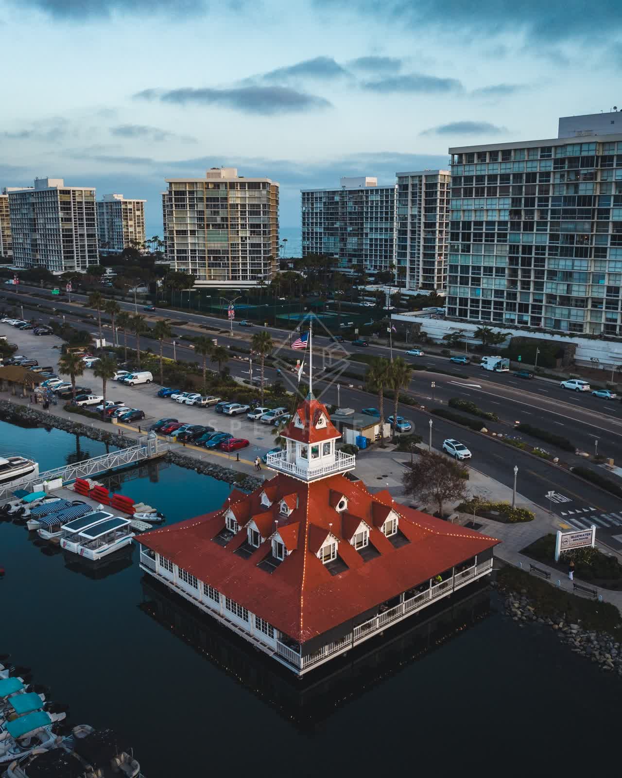 Aerial view of the harbor, boats and palm trees at Coronado Beach.