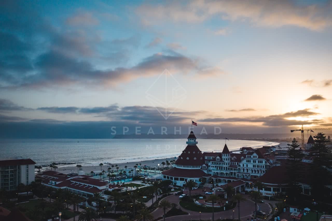 Aerial view of the beach, palm trees and the ocean at Coronado Beach.