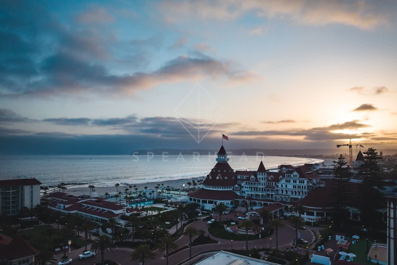 Low aerial view of the beach, palm trees and the ocean at Coronado Beach.