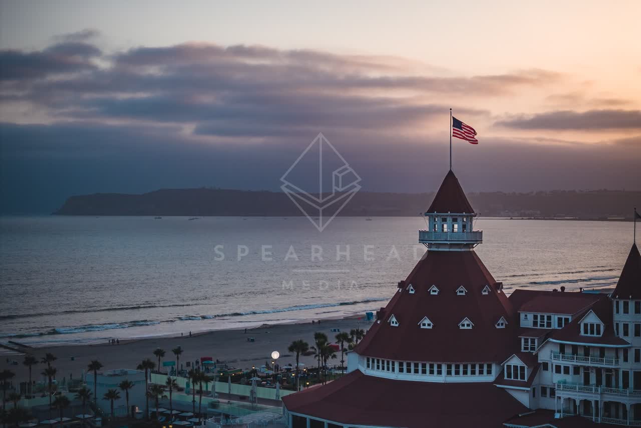 Low aerial view of the beach, palm trees and the ocean at Coronado Beach.