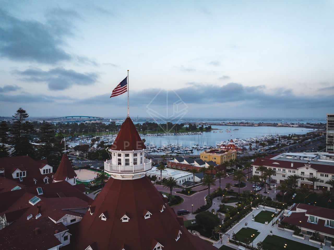Low aerial view of the harbor, boats and palm trees at Coronado Beach.