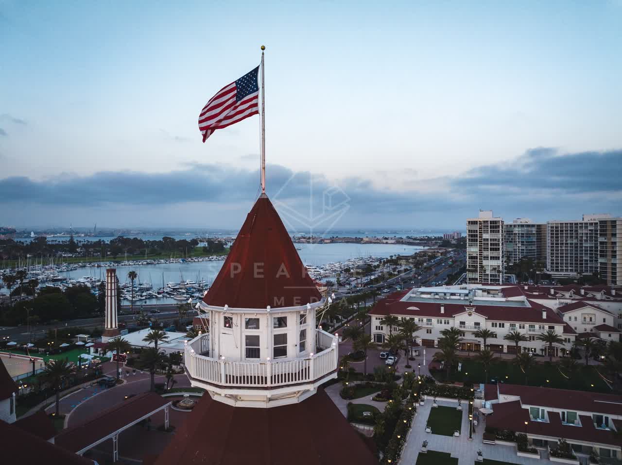 Low aerial view of the harbor, boats and palm trees at Coronado Beach.