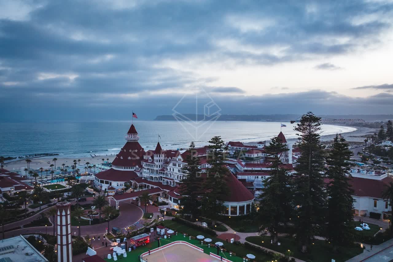 Aerial view of the beach, palm trees and the ocean at Coronado Beach.