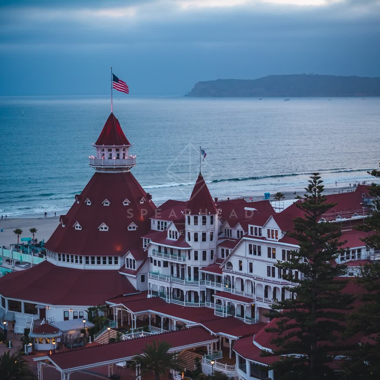 Low aerial view of the beach, palm trees and the ocean at Coronado Beach.
