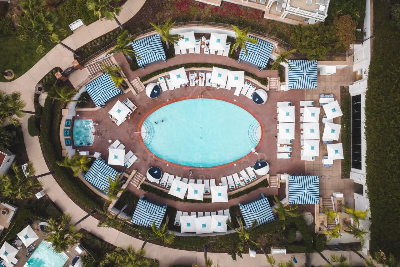 Aerial view of the beach, palm trees and the buildings at Coronado Beach.
