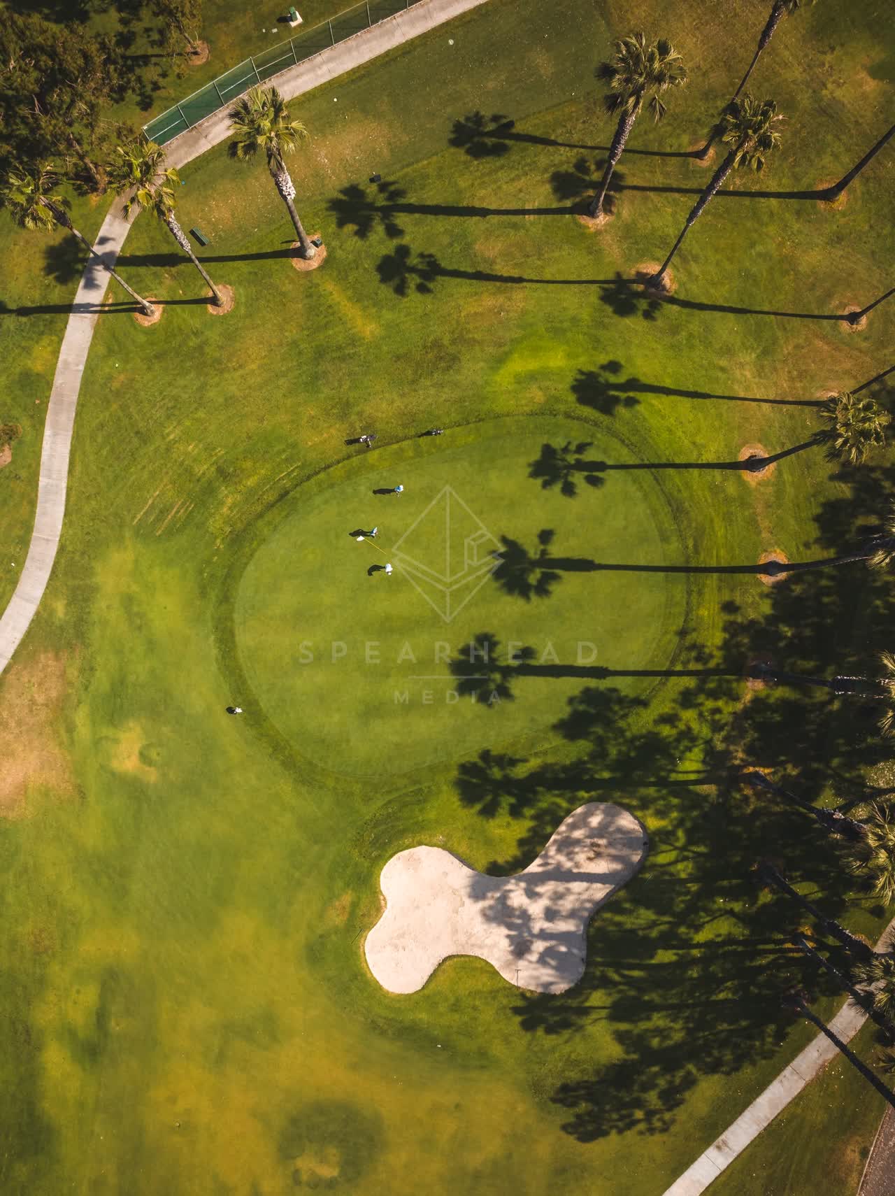 Aerial view of a park, palm trees and open country at Coronado Beach, with people walking.