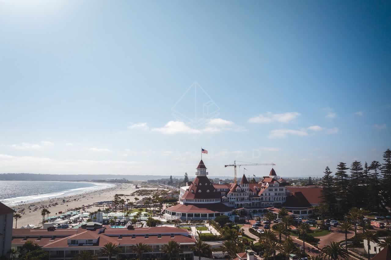 Aerial view of the beach, palm trees and the ocean at Coronado Beach.