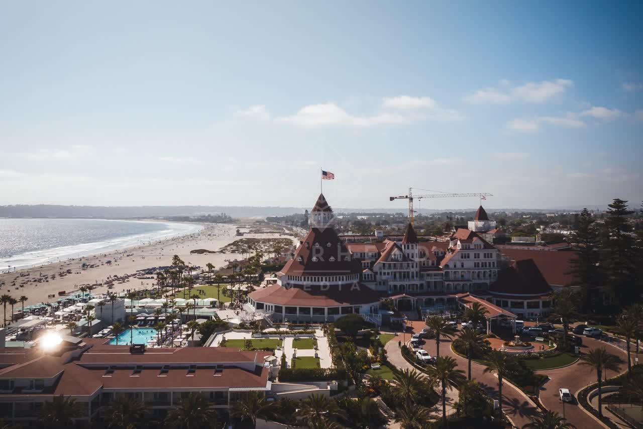 Aerial view of the beach, the surf and palm trees at Coronado Beach.
