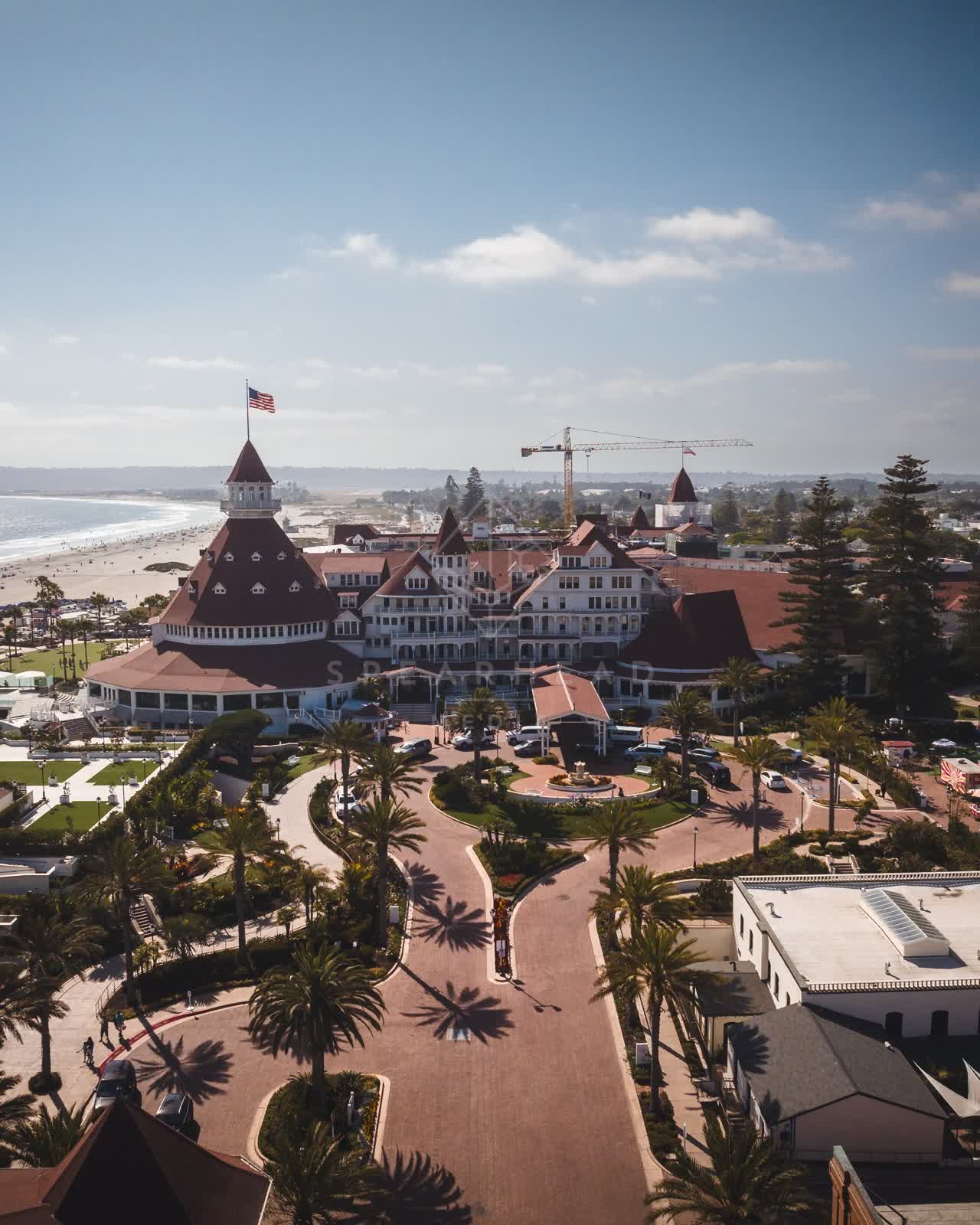 Aerial view of the beach, palm trees and the ocean at Coronado Beach.