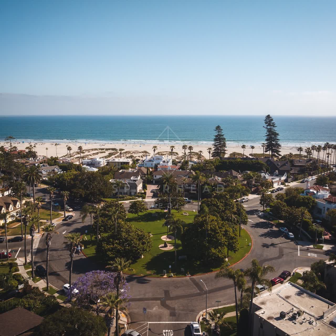 Aerial view of a residential street, palm trees and the ocean in Coronado.