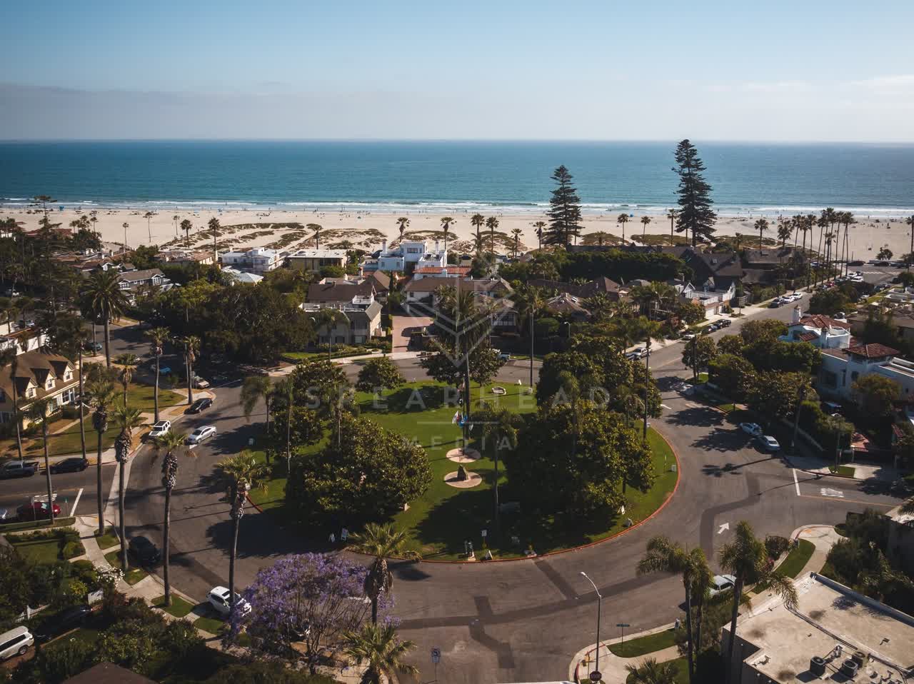Aerial view of a residential street, palm trees and the ocean in Coronado.
