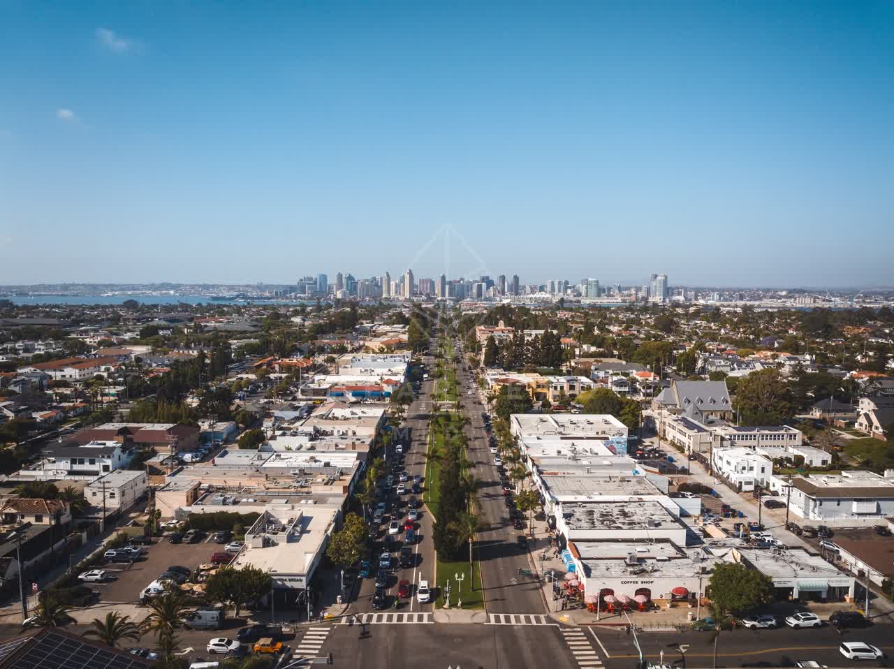 Aerial view of a residential street, the skyline and palm trees in Coronado.