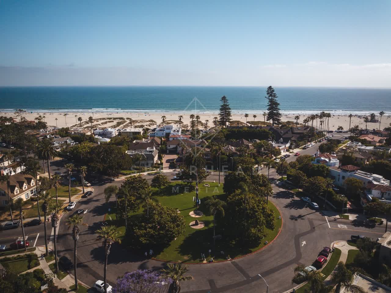 Aerial view of a residential street, palm trees and the ocean in Coronado.