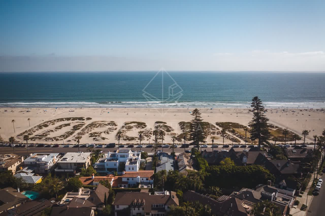 Aerial view of the beach, palm trees and the ocean at Coronado Beach, with people walking.