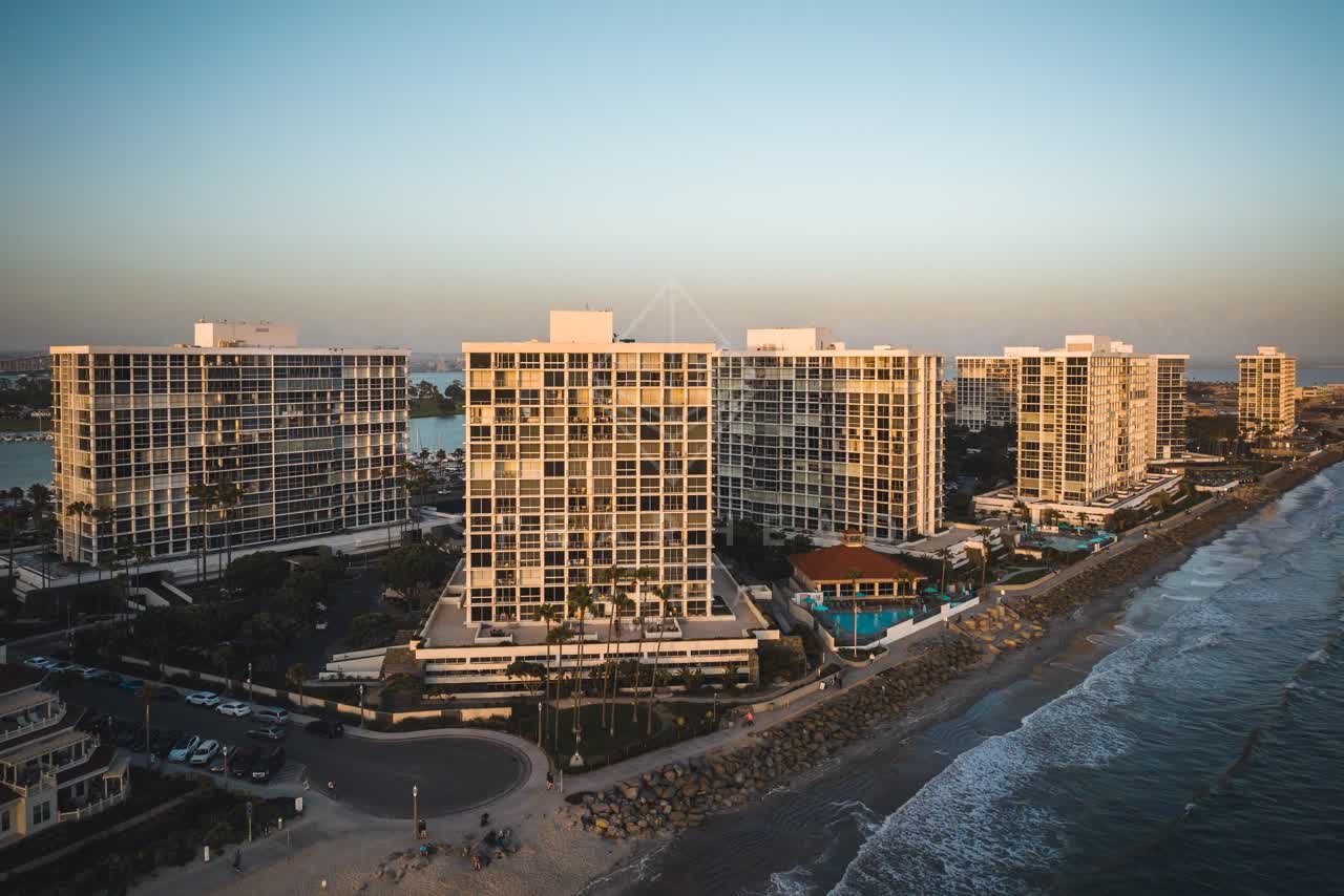 Aerial view of the beach, palm trees and the ocean at Coronado Beach.