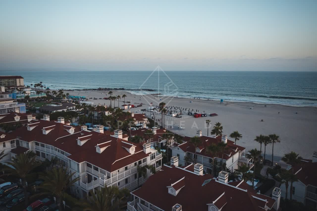 Aerial view of the beach, palm trees and the ocean at Coronado Beach, with people walking.
