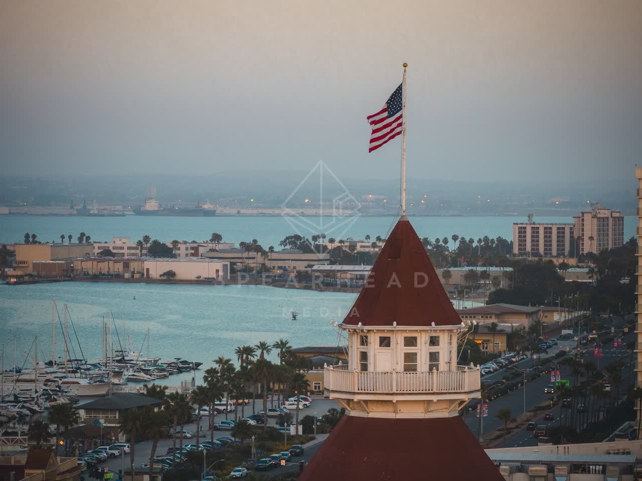 Low aerial view of the harbor, boats and palm trees at Coronado Beach.