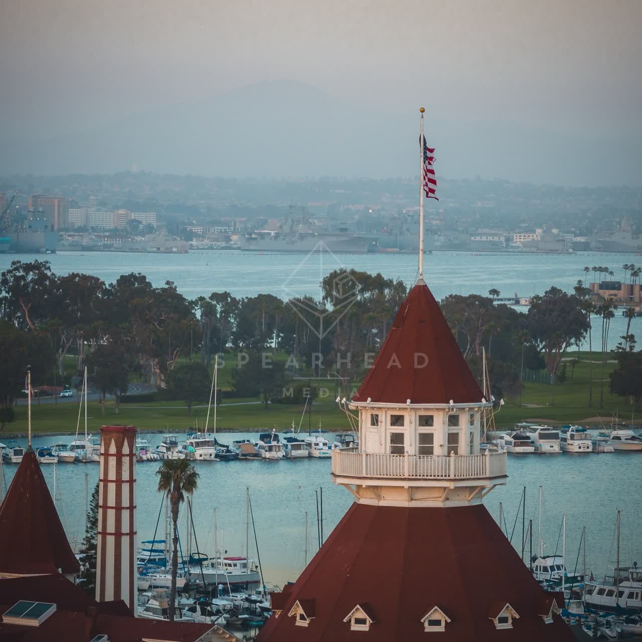 Low aerial view of the harbor, boats and palm trees at Coronado Beach.