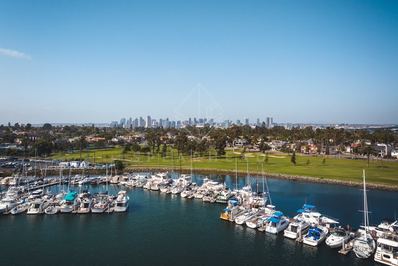Aerial view of the harbor, the skyline and boats at Coronado Beach.