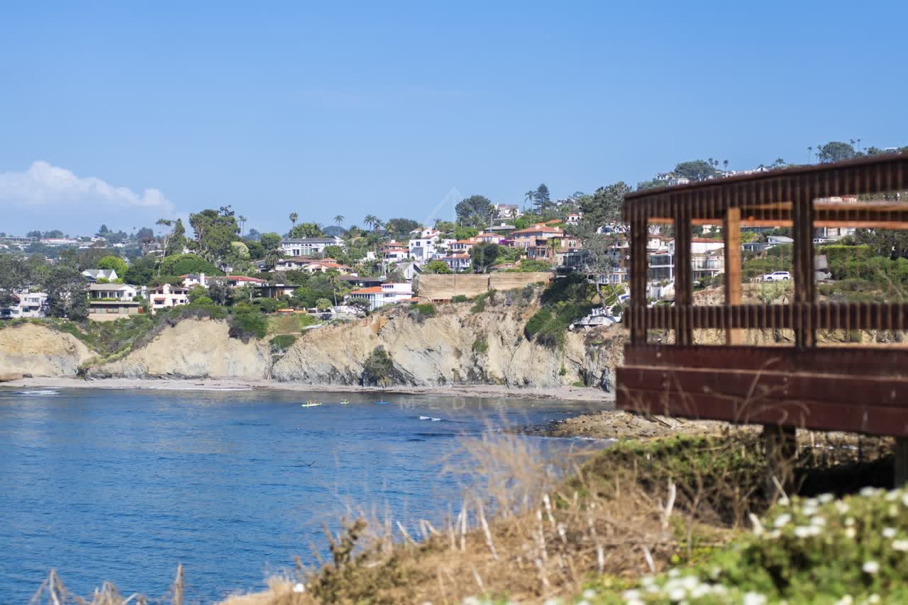 Elevated view of the cliffs, palm trees and the ocean at La Jolla Cove.