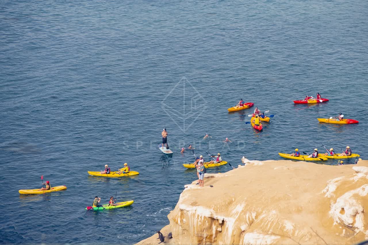 Elevated view of the cliffs, boats and the ocean at La Jolla Cove, with paddlers on the water.