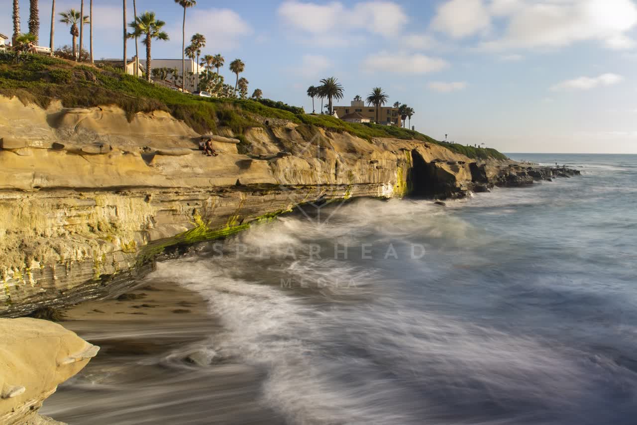 Elevated view of the cliffs, palm trees and the ocean at La Jolla Cove.