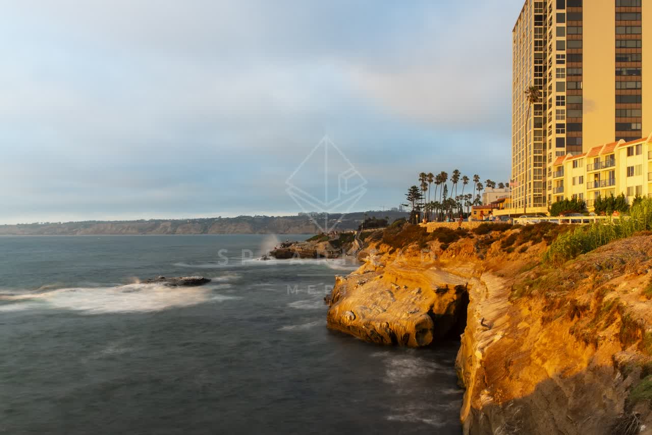 Elevated view of the cliffs, palm trees and the ocean at La Jolla Cove.