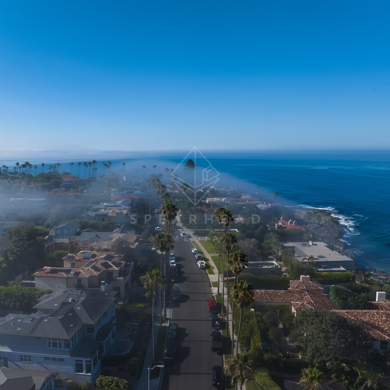 Aerial view of a residential street, palm trees and the ocean at Lower Hermosa.