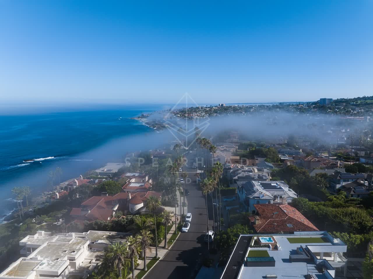 Aerial view of a residential street, palm trees and the ocean at Lower Hermosa.