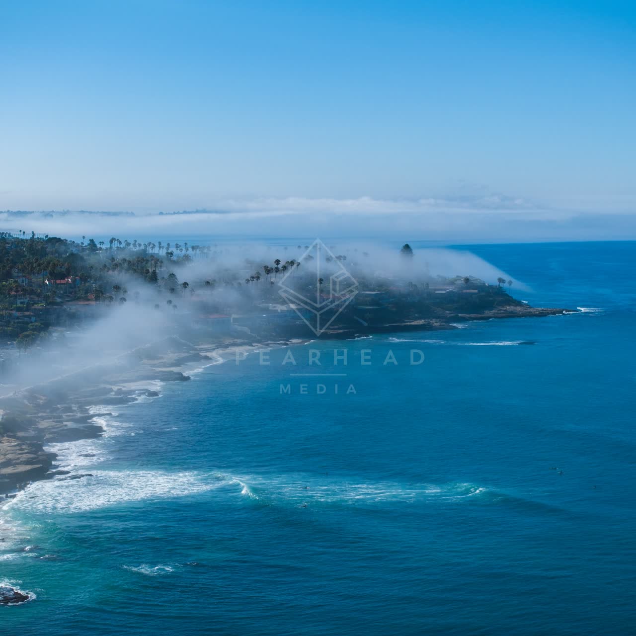 Aerial view of the cliffs, the surf and palm trees at Windansea.