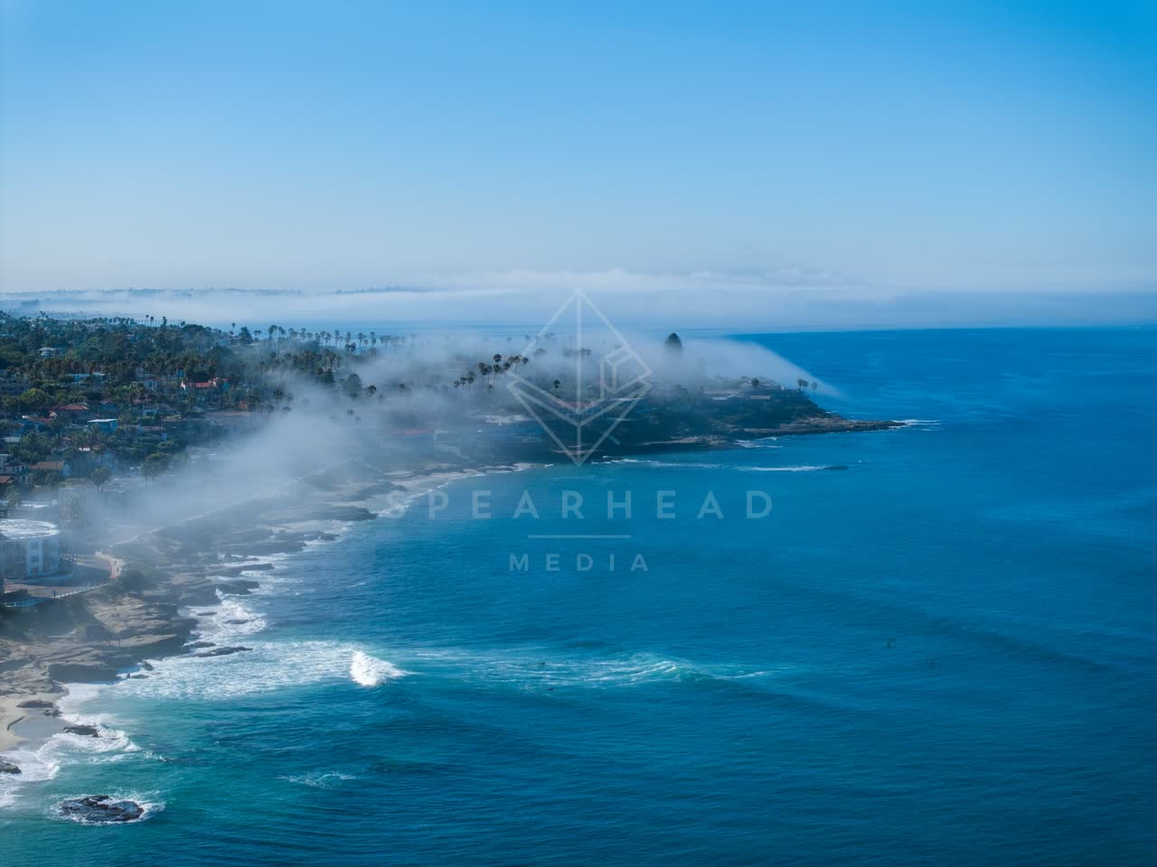 Aerial view of the cliffs, the surf and palm trees at Windansea.