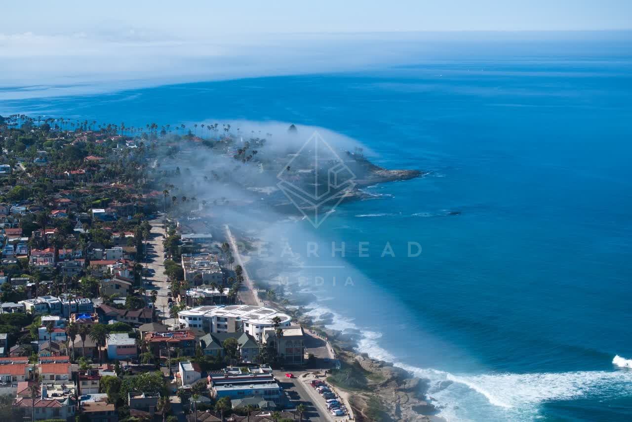 Aerial view of the beach, the surf and palm trees at Windansea.