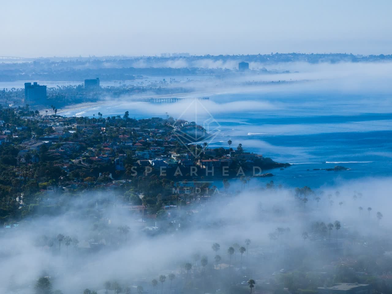 Aerial view of a residential street, the pier and palm trees at Lower Hermosa.