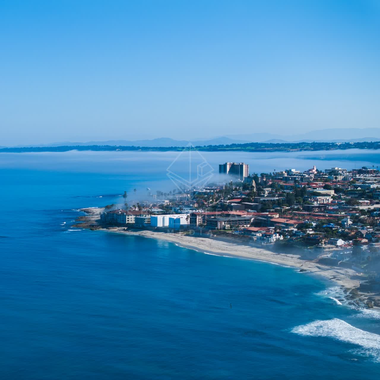 Aerial view of the beach, the surf and palm trees at Windansea.